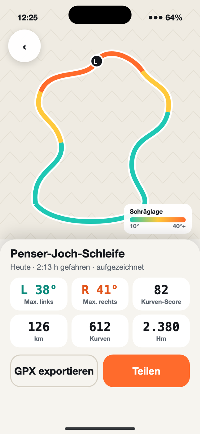 Ride review with track, lean angle and GPX export