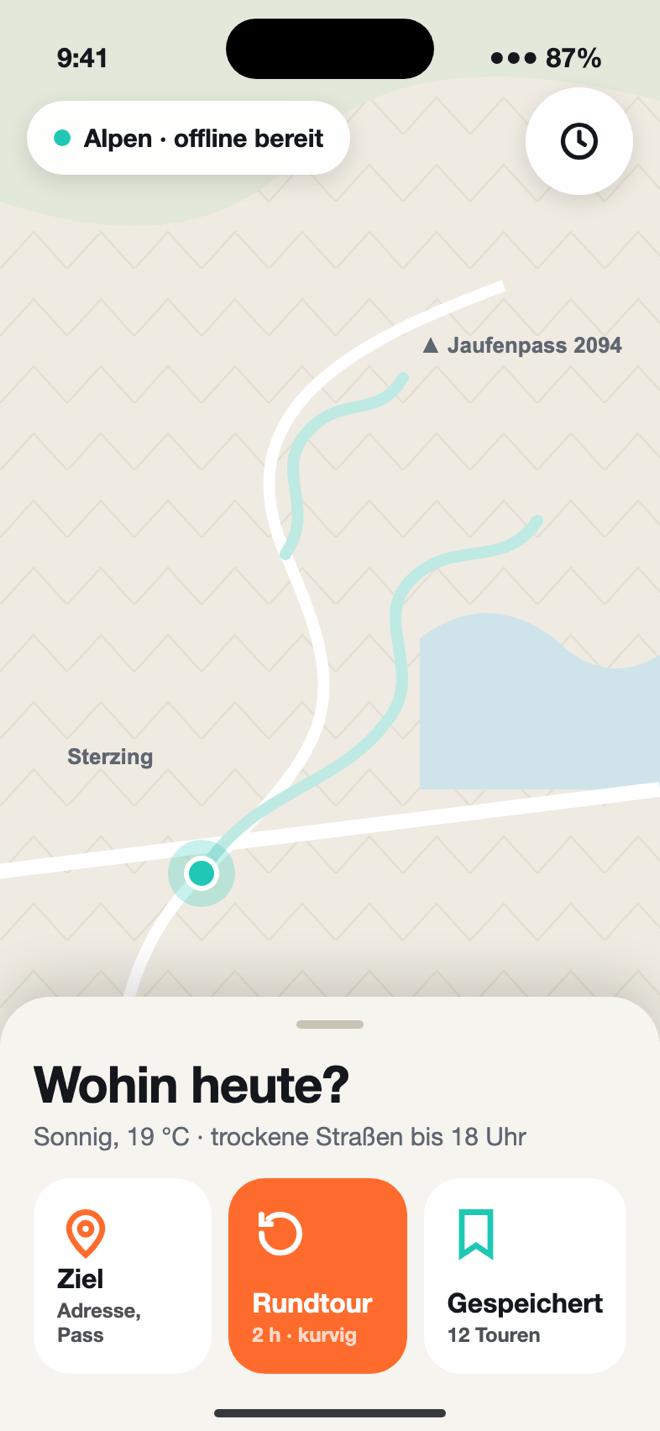 Start screen with destination search and round trip